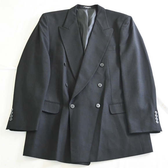 Vtg USA Made 42L Solid Black‎ 100% Wool Double Breasted Blazer Sport Coat
